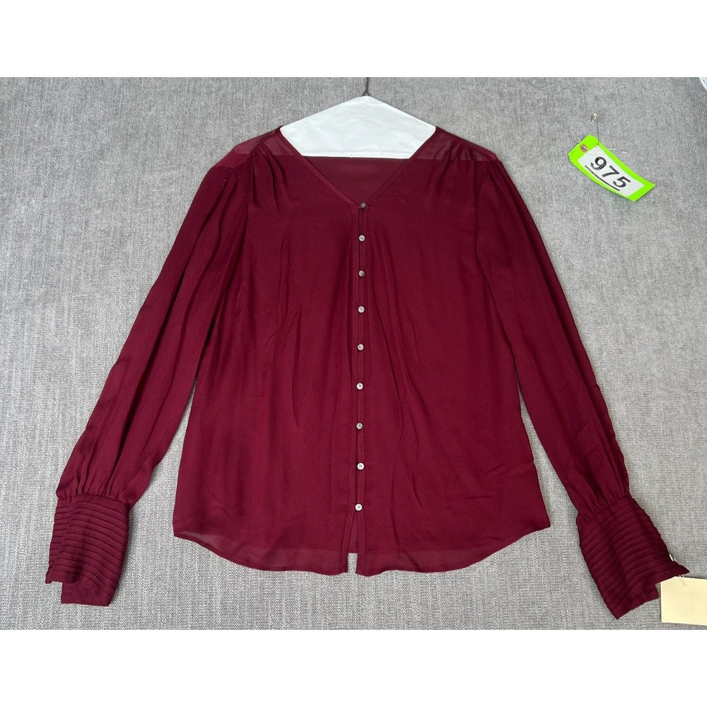 Womens Blouse Top Medium Burgundy Long Sleeve Pleated Cuff V-Neck Button Front